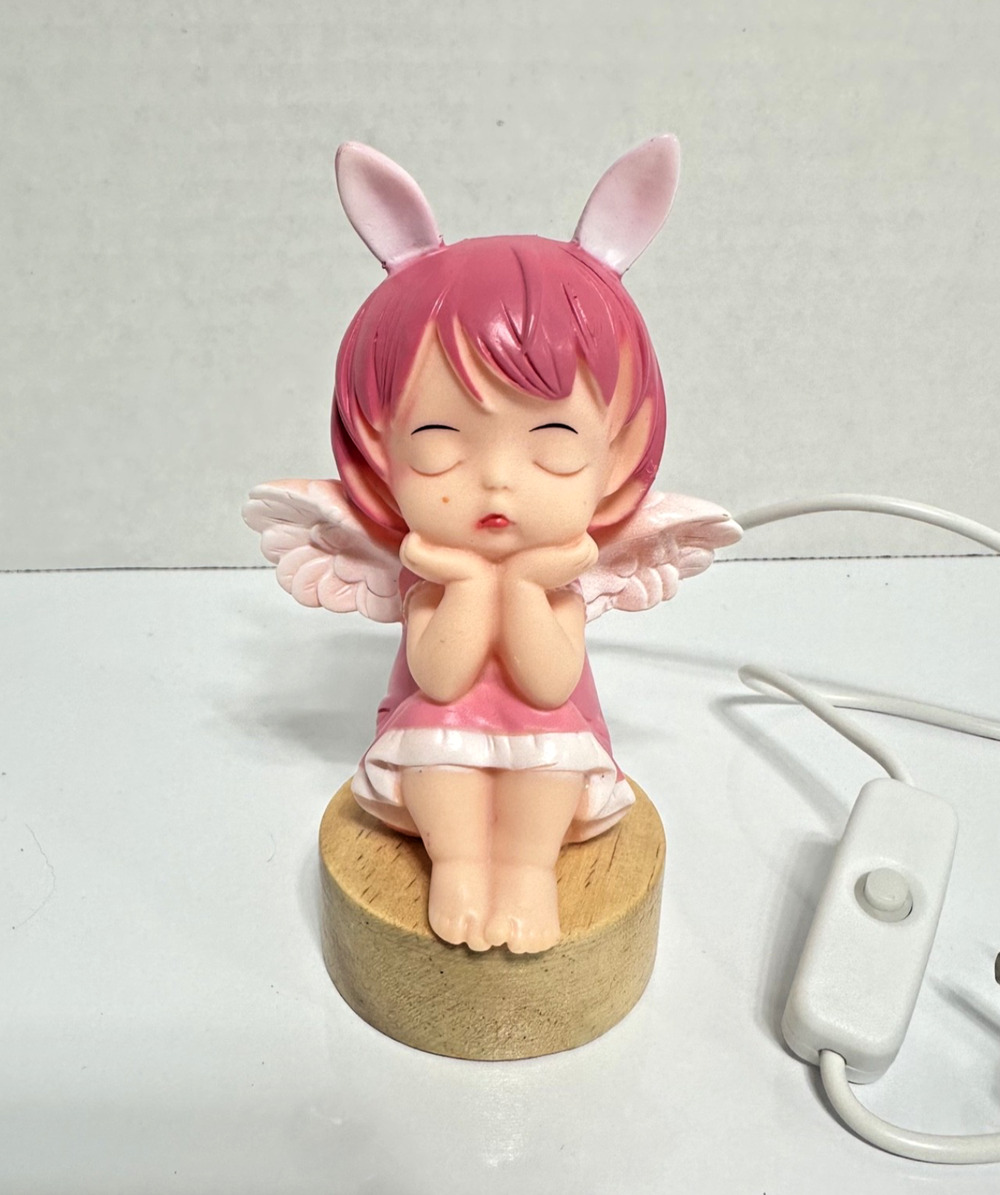 Cute Pink Bunny Angel Girl Night Light Figurine Table Lamp w/ Adapter Working